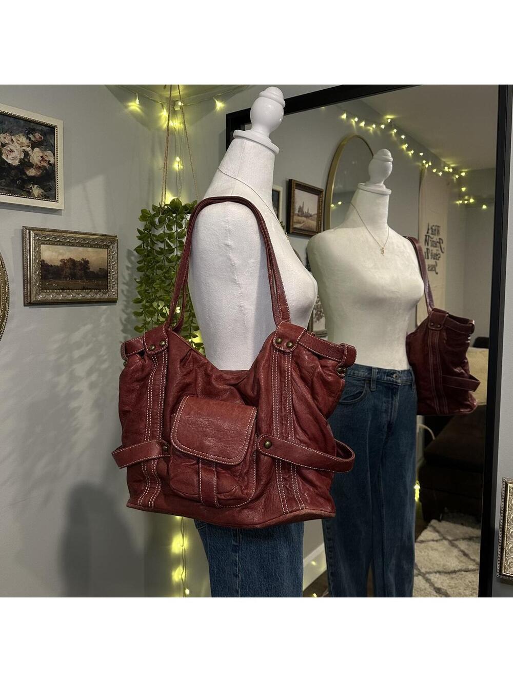 Y2K Burgundy Faux Leather Pocket Shoulder Bag 🍒
